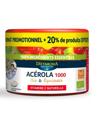 Image de Acérola 1000 Bio - Pilulier Réduction de la fatigue 60 comprimés + 20% offert - Dietaroma depuis Herboristerie Bio Louis - Paris et Province