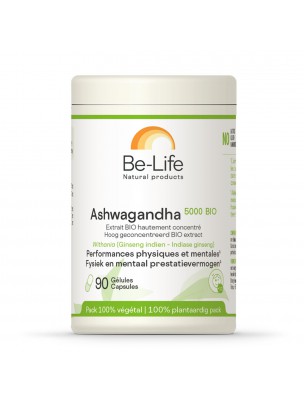 Image de Ashwagandha 5000 (Ginseng indien) Bio - Détente et équilibre mental 90 gélules - Be-Life via Ashwagandha poudre - Samskara
