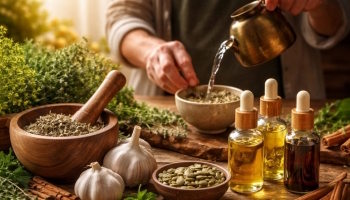 Préparation d'une infusion thérapeutique et remèdes de grand-mère contre les vers intestinaux et parasites, avec des bulbes d'ail, des pépins de courge, de la cannelle et des flacons de teintures mères.
