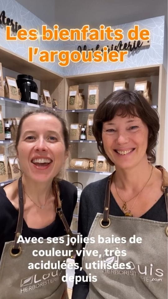 Deux femmes en tablier Louis Herboristerie devant des étagères de plantes, avec les textes incrustés Les bienfaits de l'argousier et Avec ses jolies baies de couleur vive, très acidulées, utilisées depuis.